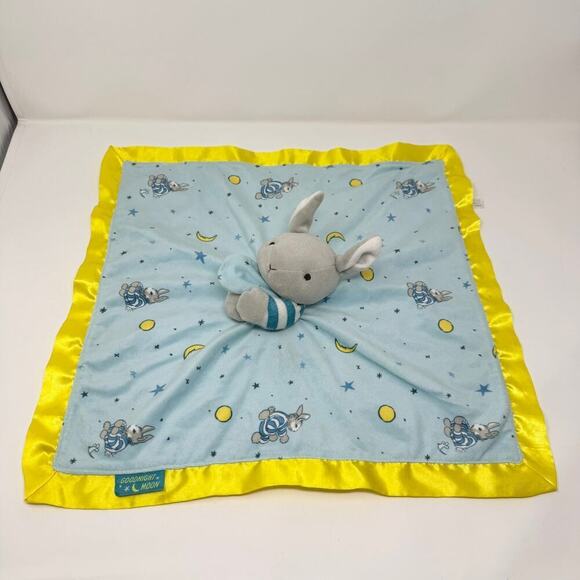 Goodnight Moon Gray Bunny Rabbit Blue Yellow Lovey Security Blanket Satin Trim - Picture 4 of 12